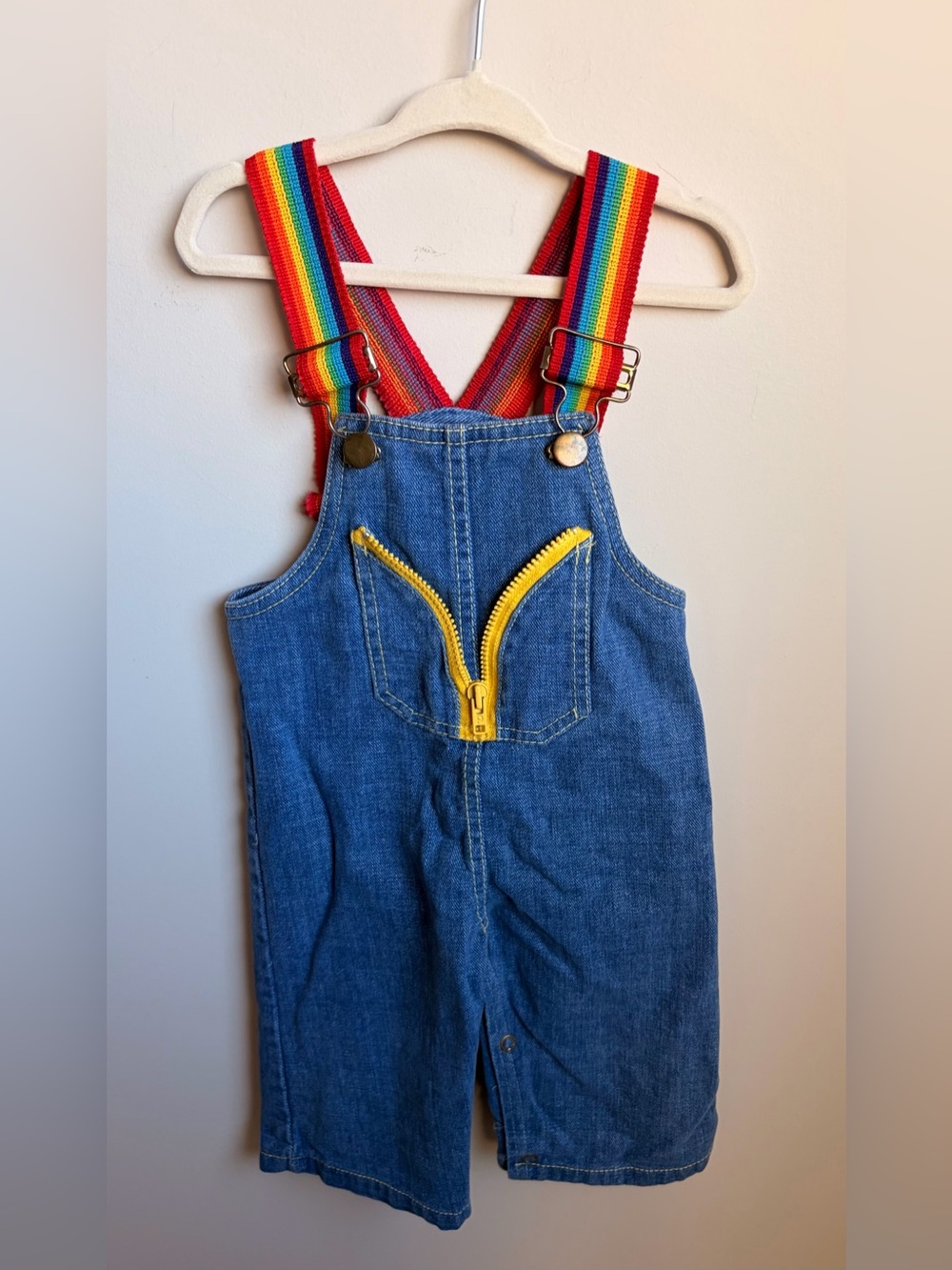 Vintage Ruffniks Kids Rainbow-Striped Strap Denim Overalls with Yellow Zip